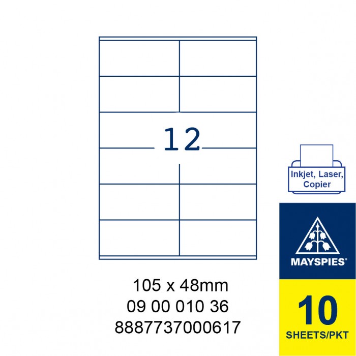 MAYSPIES 09 00 010 36 LABEL FOR INKJET / LASER / COPIER 10 SHEETS/PKT WHITE 105 X 48MM
